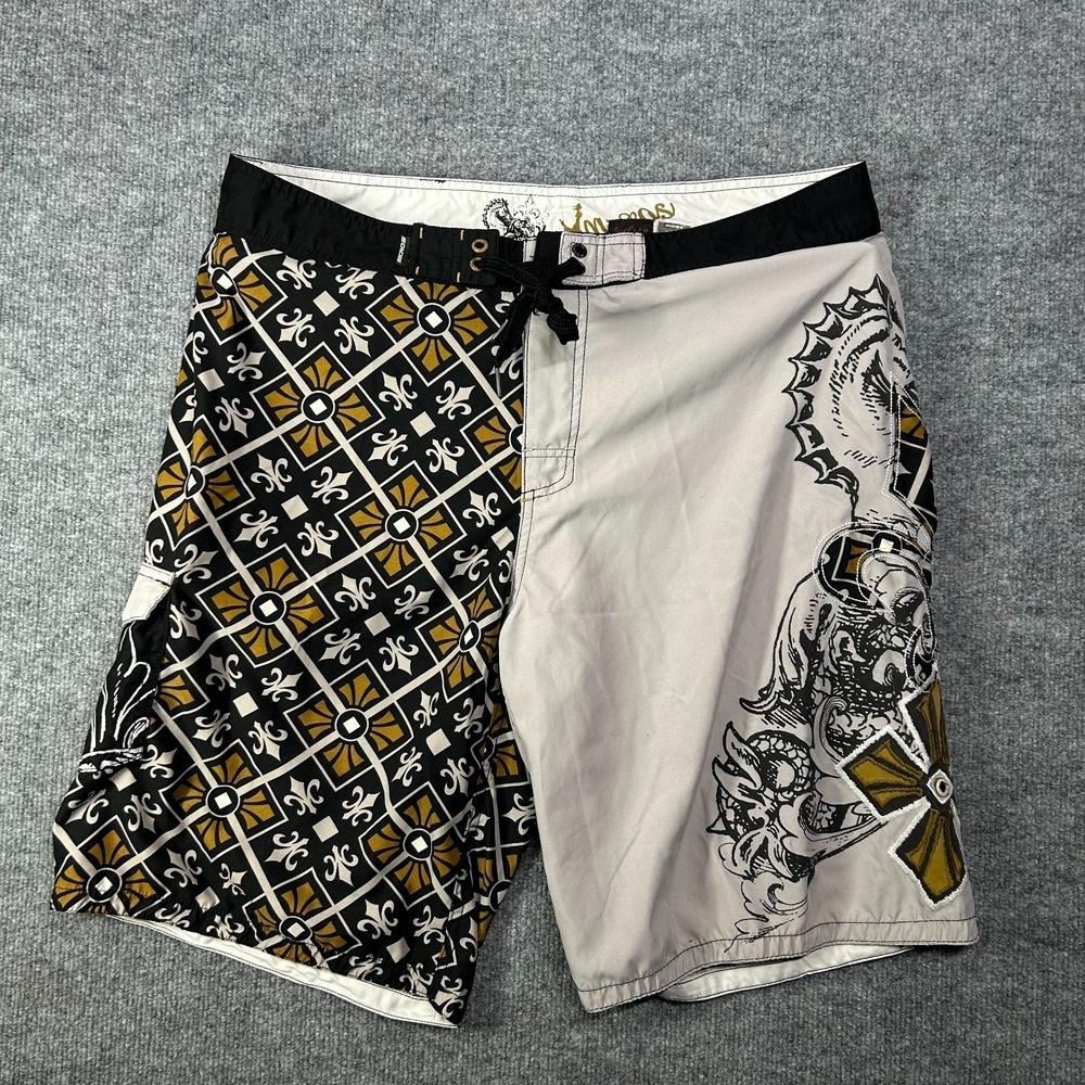 Micros Surf's Up‎ Board Shorts Men's Fleur-de-Lis Motifs Swim Trunks Y2K - 36
